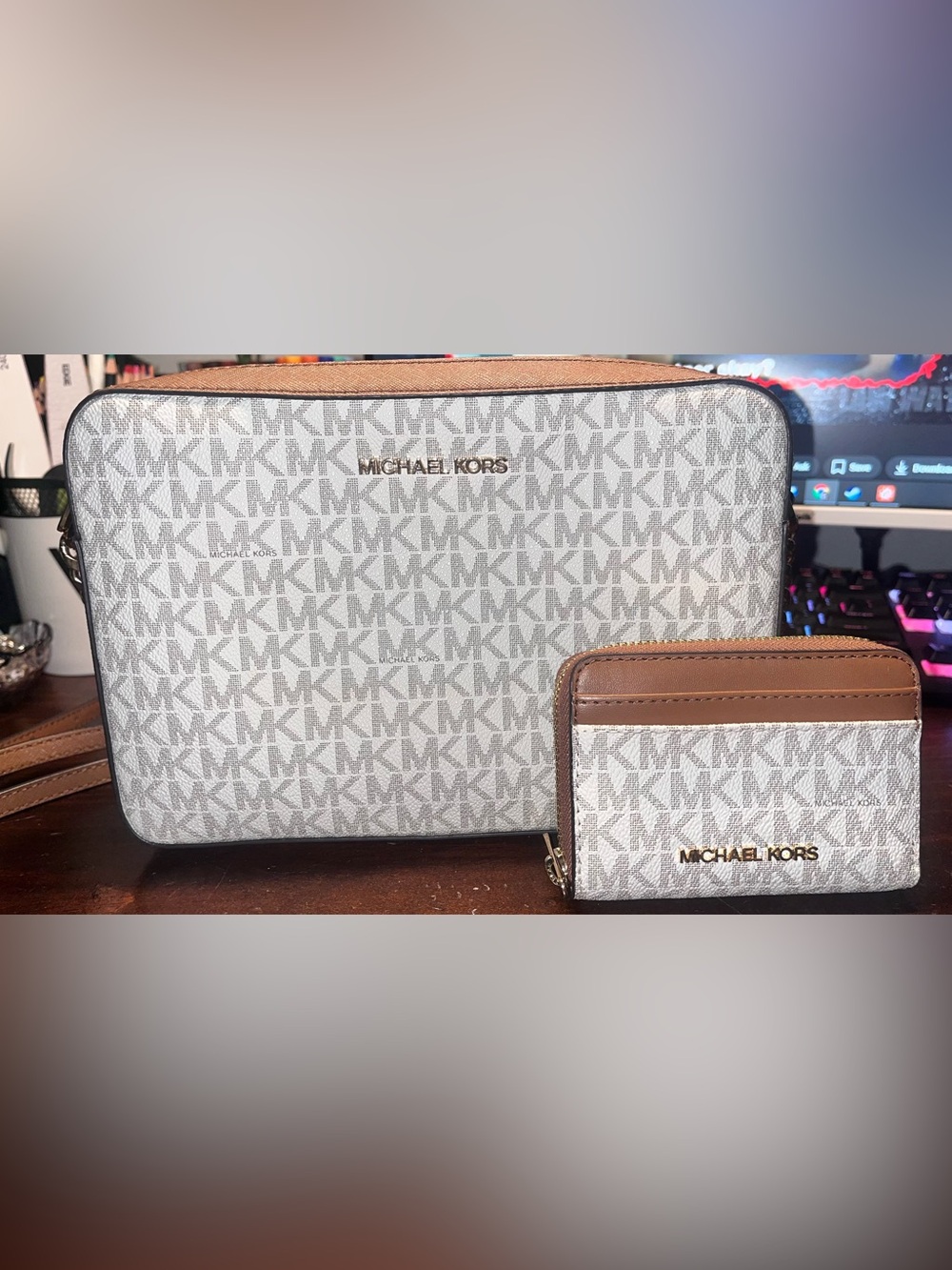 Michael Kors Cream/White Monogram Crossbody with Brown Trim